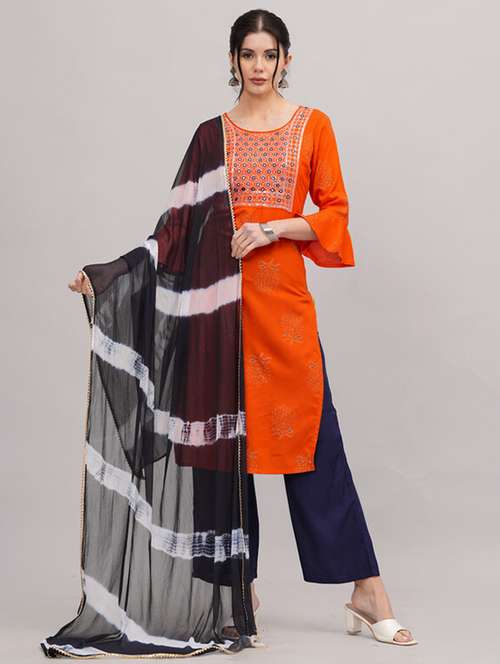 women three quarter sleeve kurta pant with dupatta set - 21393432 -  Standard Image - 0