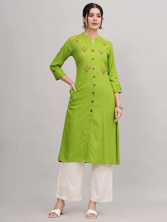 women lime mandarin neck kurta palazzo set  - 21393461 -  Zoom Image - 0