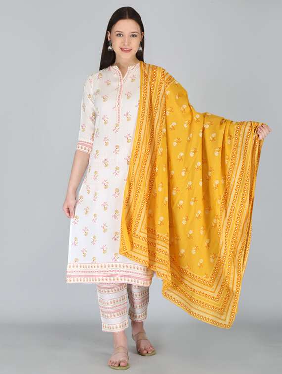 women three quarter sleeve kurta pant with dupatta set