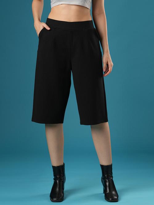globus women black mid rise stretchable relaxed fit flat front slip-on culottes - 21393555 - Standard Image - 0