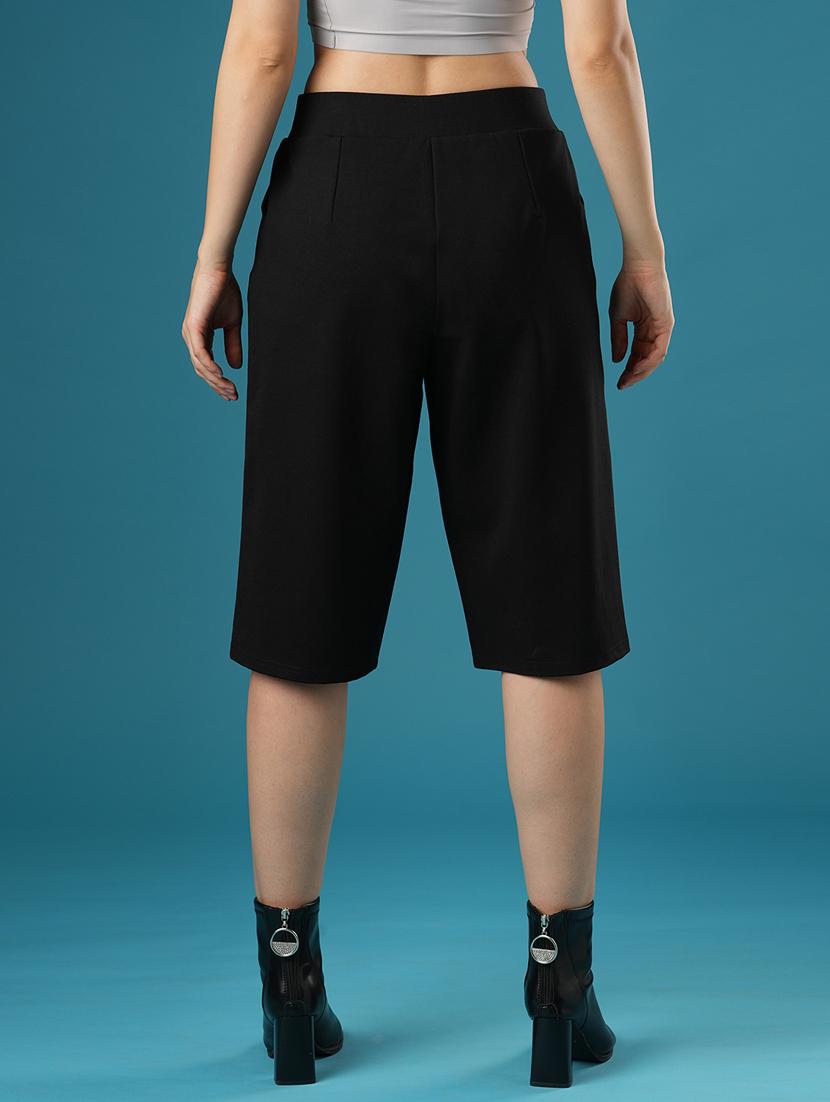 globus women black mid rise stretchable relaxed fit flat front slip-on culottes - 21393555 - Standard Image - 3