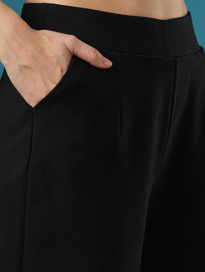 globus women black mid rise stretchable relaxed fit flat front slip-on culottes - 21393555 - Standard Image - 5