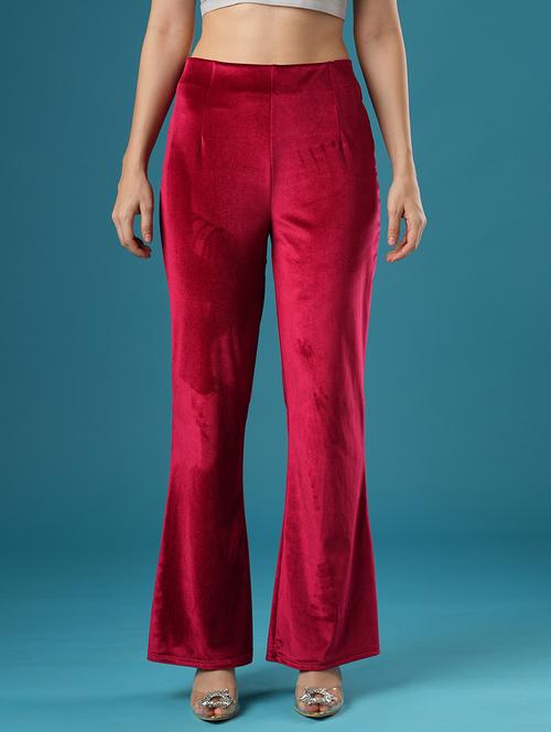 globus women red velvet mid rise stretchable slim fit flared party treggings - 21393558 - Standard Image - 0