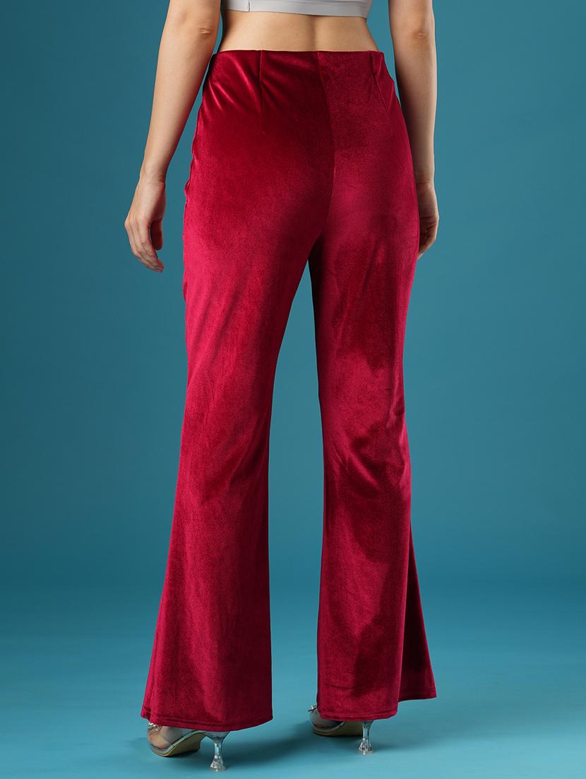 globus women red velvet mid rise stretchable slim fit flared party treggings - 21393558 - Standard Image - 3