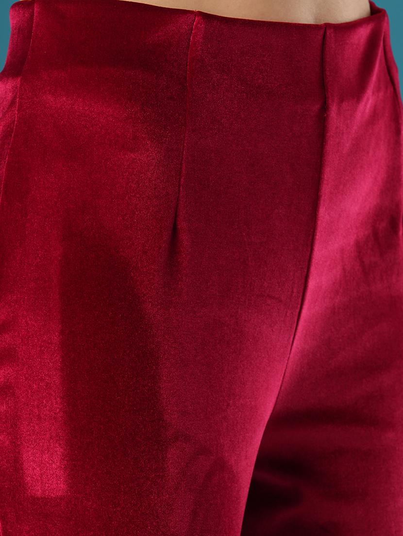 globus women red velvet mid rise stretchable slim fit flared party treggings - 21393558 - Standard Image - 5