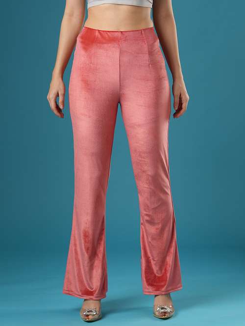 globus women peach velvet mid rise stretchable slim fit flared party treggings - 21393561 - Standard Image - 0