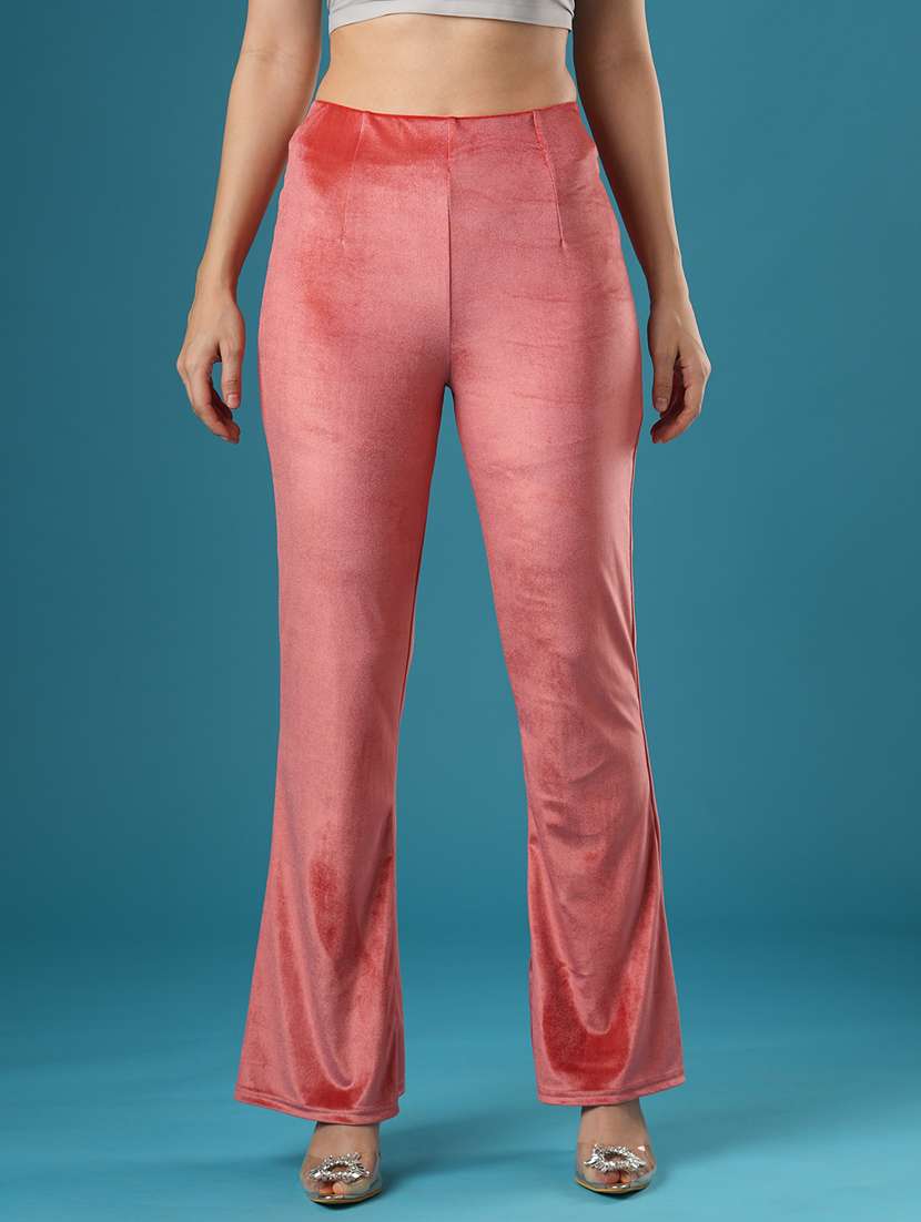globus women peach velvet mid rise stretchable slim fit flared party treggings - 21393561 - Zoom Image - 0