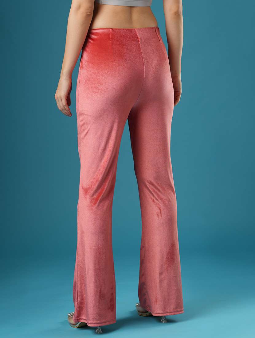 globus women peach velvet mid rise stretchable slim fit flared party treggings - 21393561 - Standard Image - 3