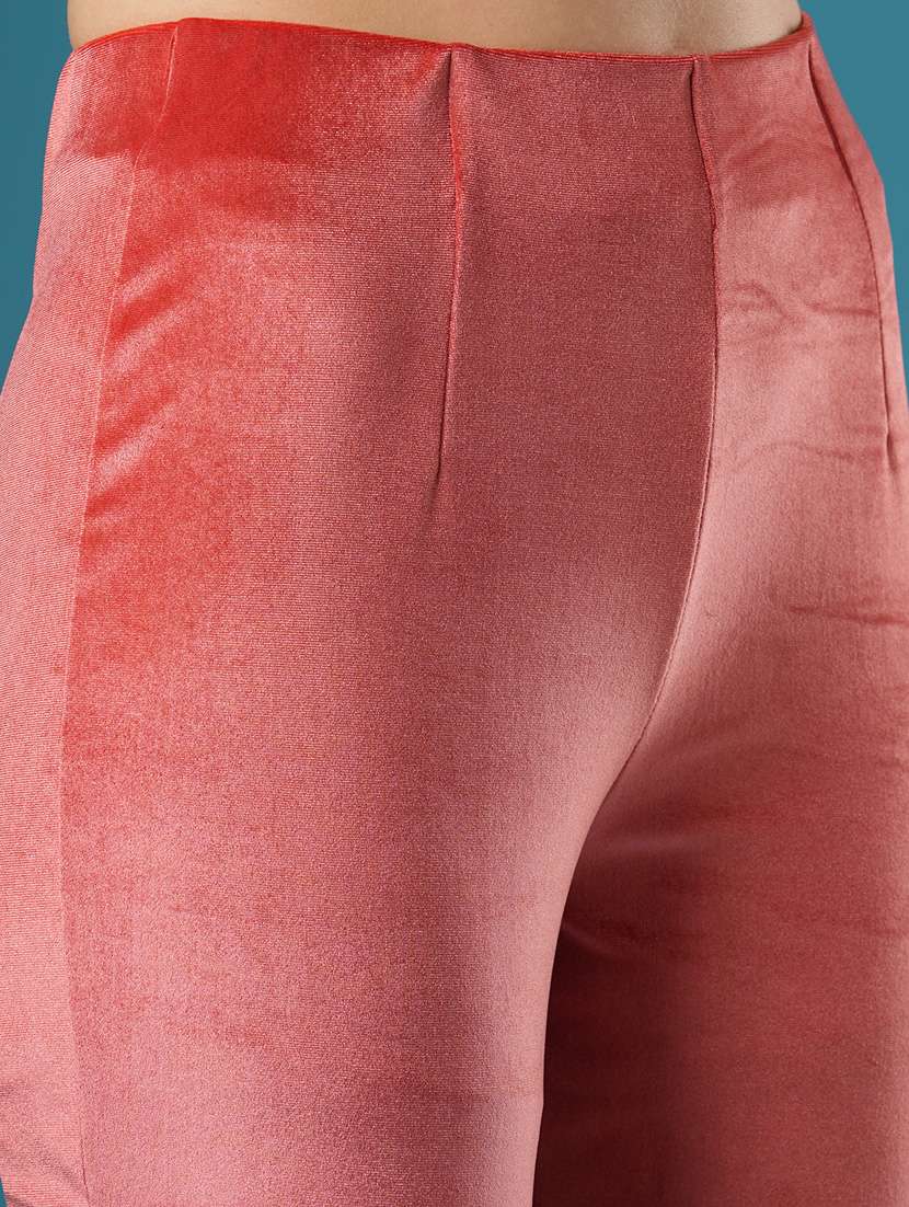 globus women peach velvet mid rise stretchable slim fit flared party treggings - 21393561 - Standard Image - 5