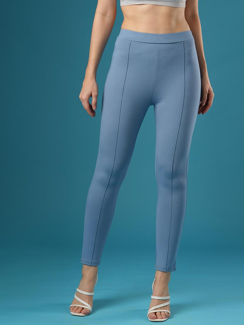 globus women denim blue color mid rise stretchable skinny fit workwear treggings - 21393567 -  Zoom Image - 0