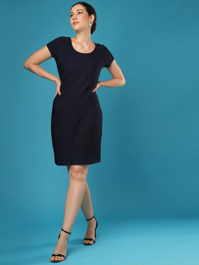 globus women navy blue round neck short sleeves knitted self textured workwear sheath dress - 21393581 - Standard Image - 3