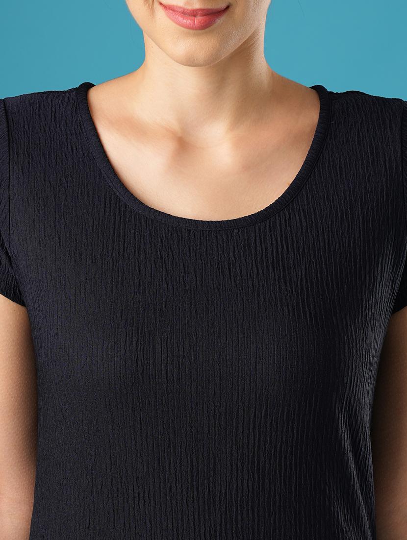 globus women navy blue round neck short sleeves knitted self textured workwear sheath dress - 21393581 - Standard Image - 5