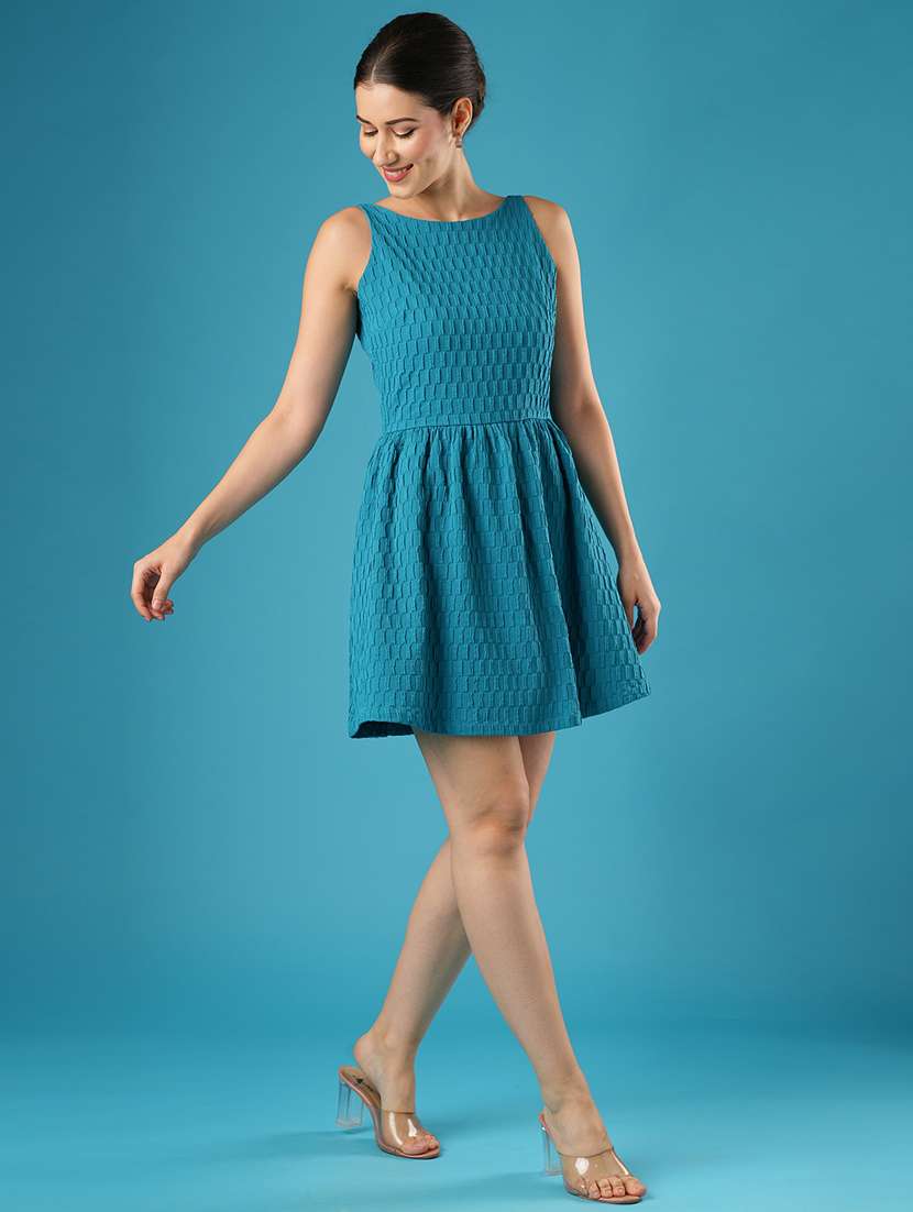 globus women blue structured fabric boat neck with stylised back gathered fit & flare party dress - 21393589 -  Standard Image - 3