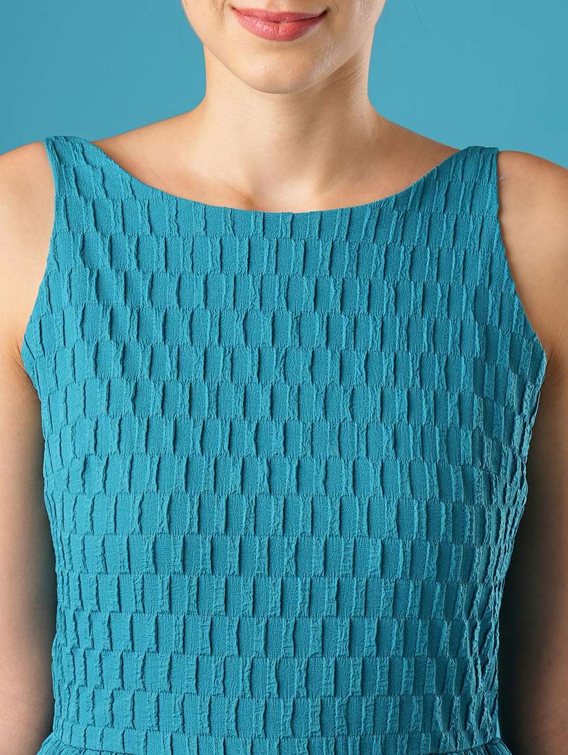 globus women blue structured fabric boat neck with stylised back gathered fit & flare party dress - 21393589 -  Standard Image - 5