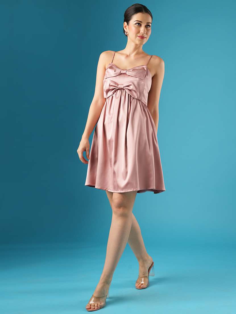 globus women taupe sweetheart neck shoulder straps bow detail gathered a-line party dress - 21393591 -  Standard Image - 3