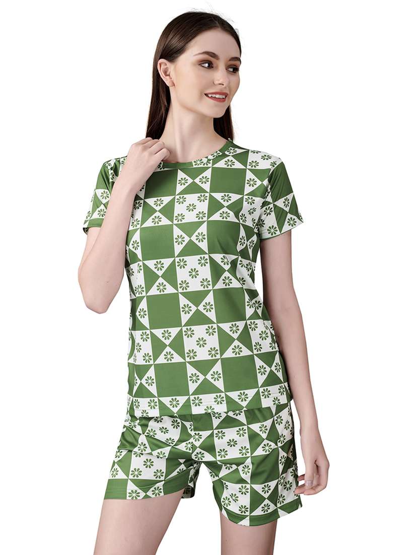 women green cotton shorts set 