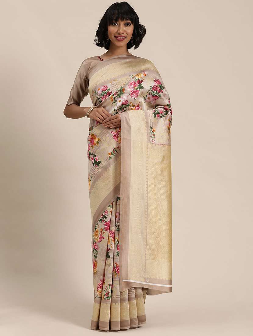 beige floral printed saree with blouse