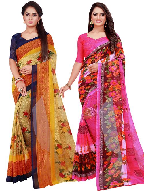 pack of 2 printed casual wear sarees with blouse - 21395876 - Standard Image - 0
