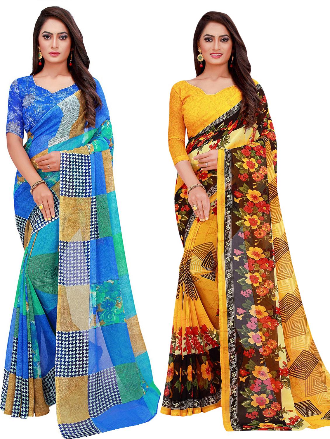 pack of 2 printed casual wear sarees with blouse - 21395901 - Zoom Image - 0