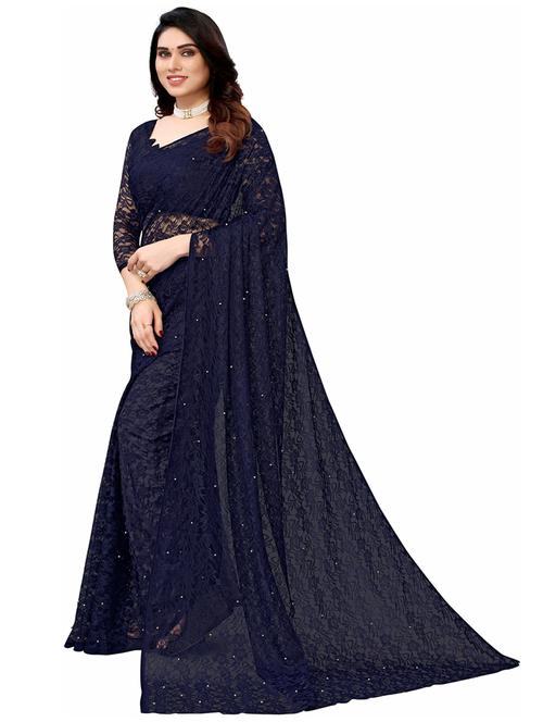 navy blue self design lace saree with blouse - 21396514 - Standard Image - 0