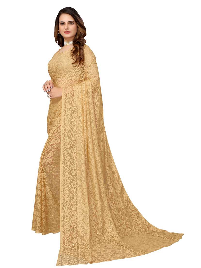 women beige embellished net saree with blouse