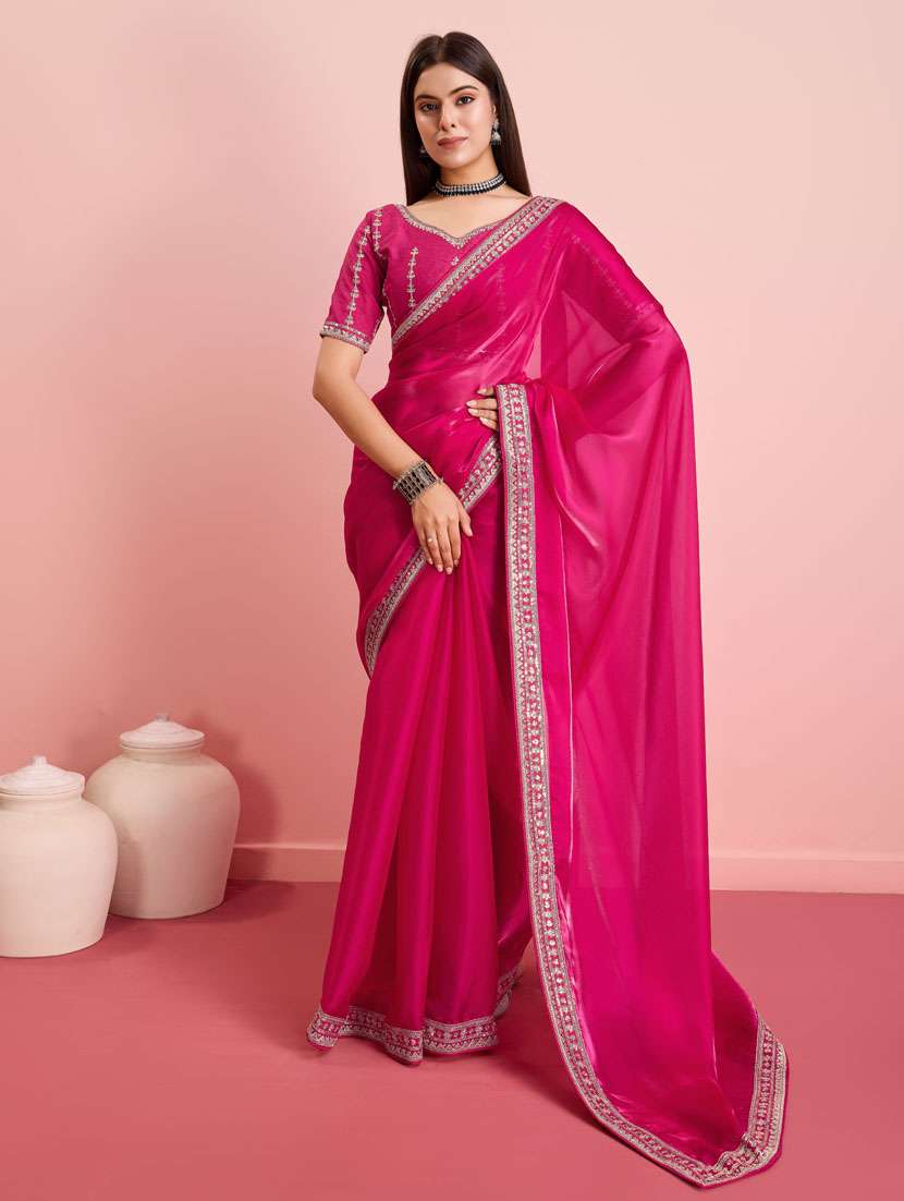 women pink solid bordered embroidered saree with blouse