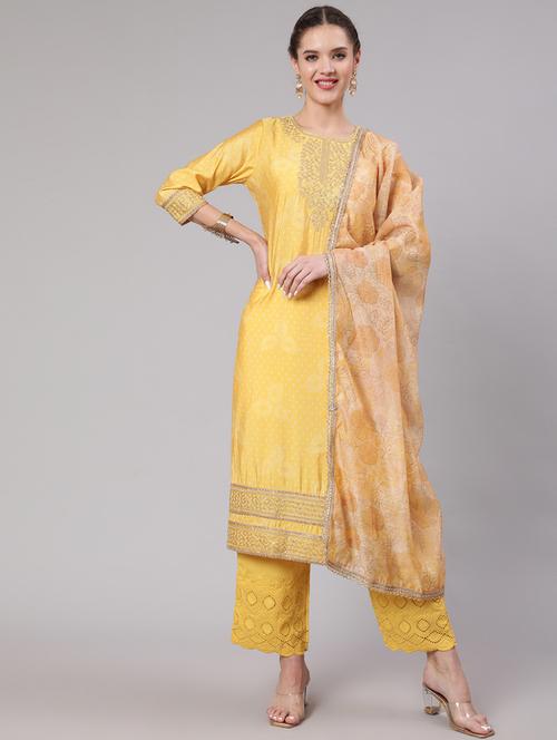 mustard embroidered suit set - 21398357 - Standard Image - 0
