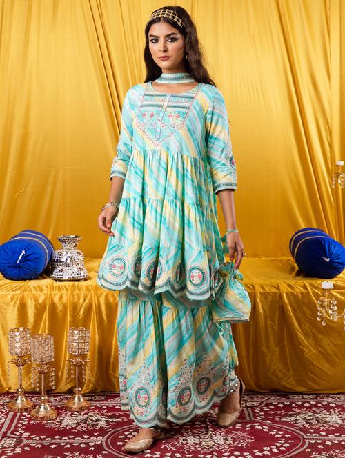 turquoise printed kurta sharara suit set - 21398879 - Standard Image - 0