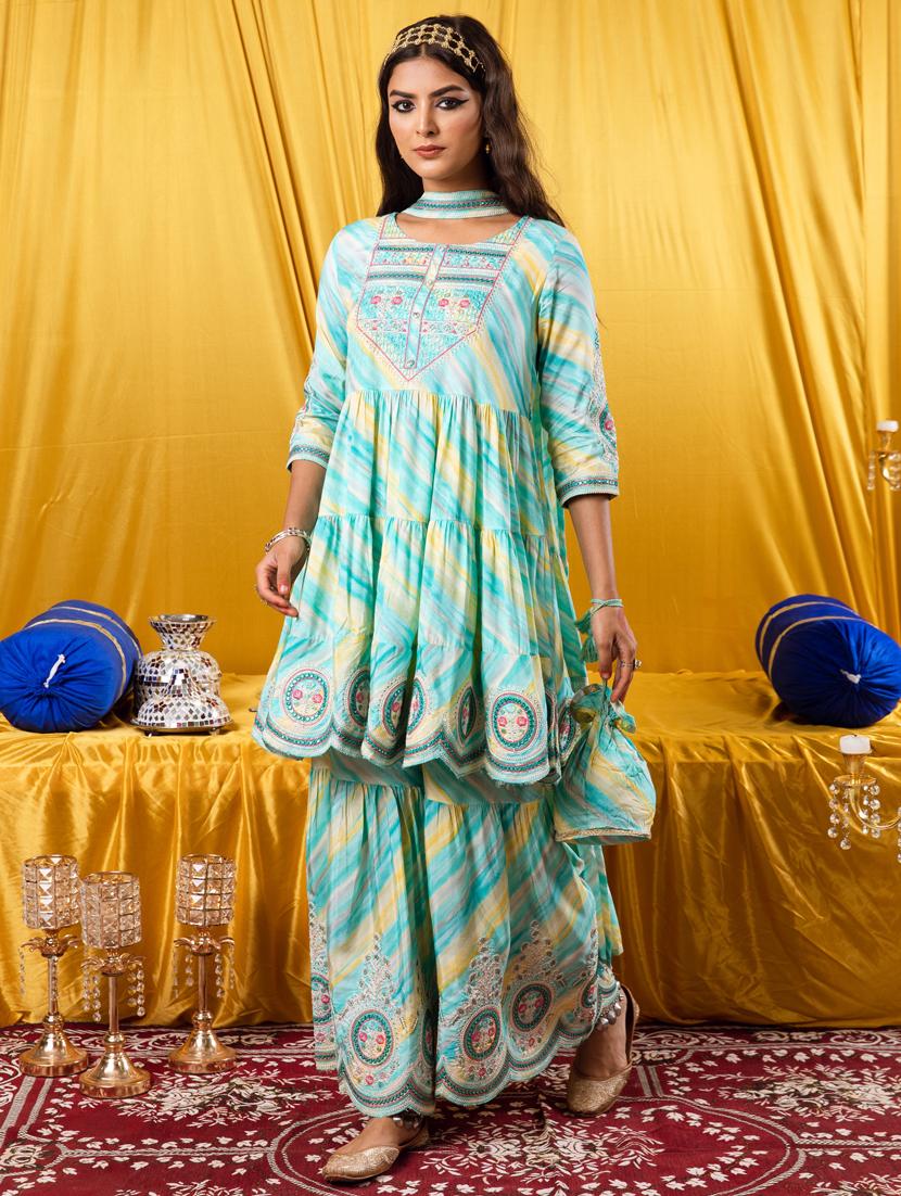 turquoise printed kurta sharara suit set - 21398879 - Zoom Image - 0