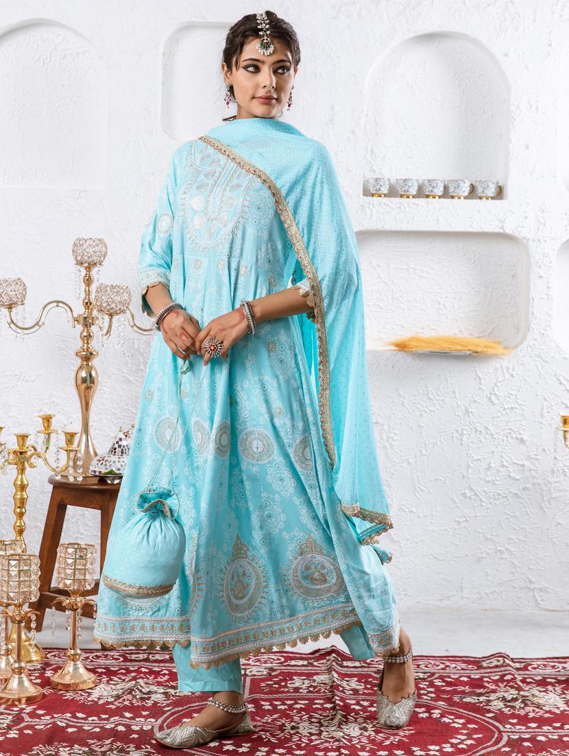 turquoise printed kurta pant suit set - 21398886 - Zoom Image - 0