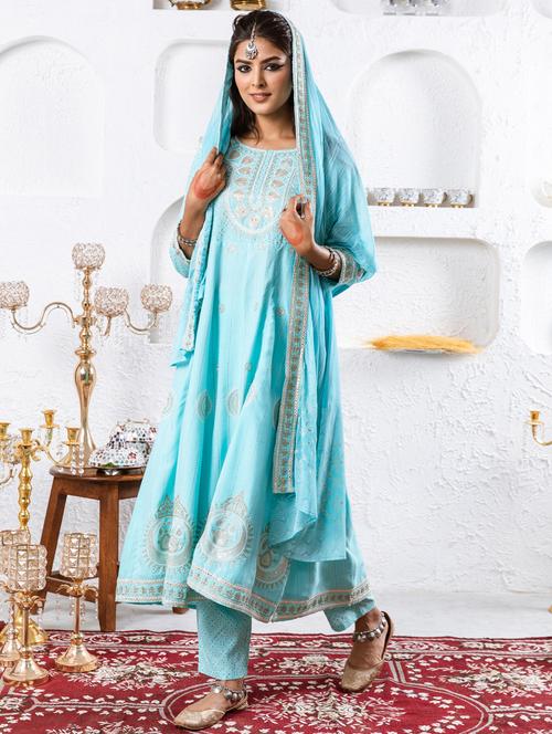 turquoise kurta pant set with dupatta  - 21398887 -  Standard Image - 0
