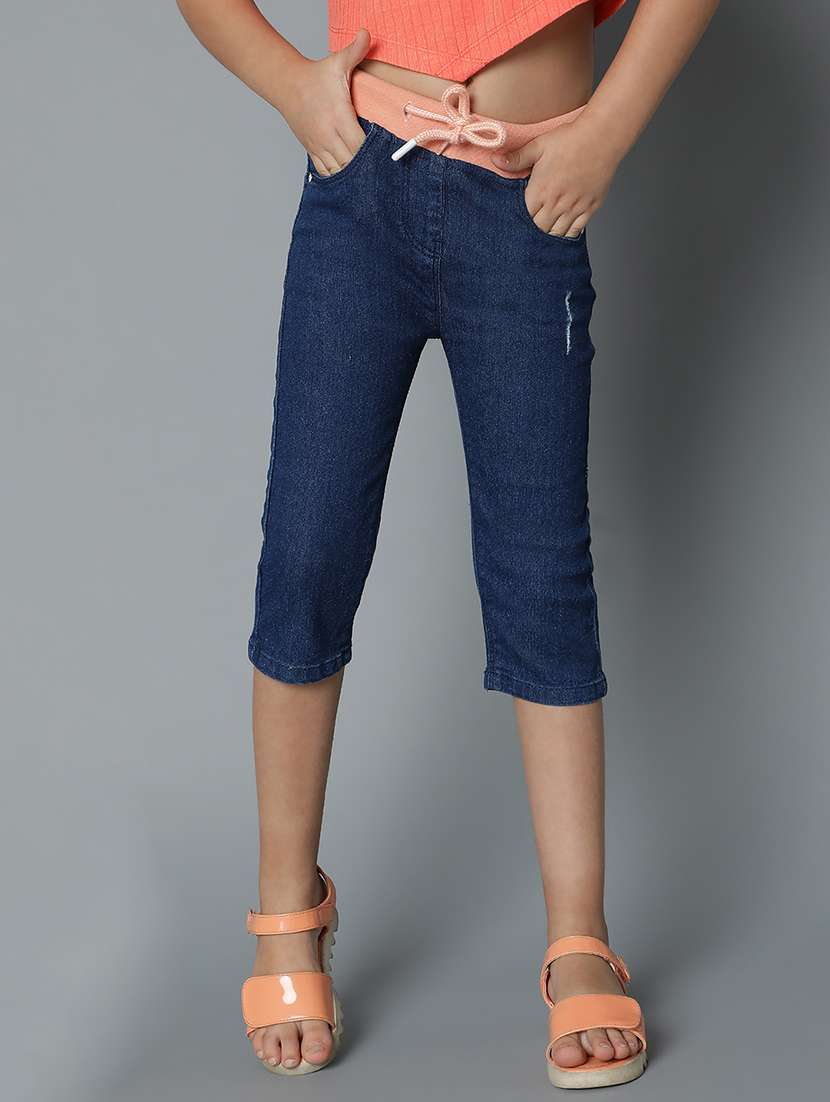 girls navy blue denim three fourth