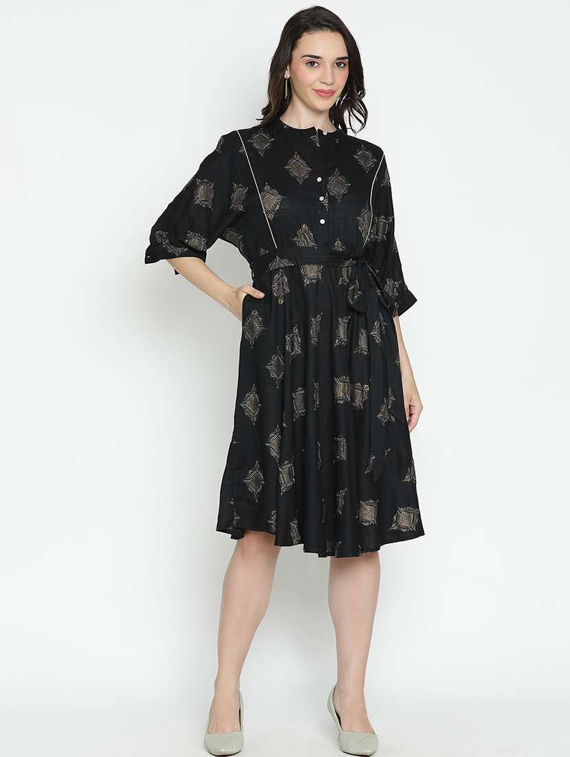 black polyester fit & flare dress
