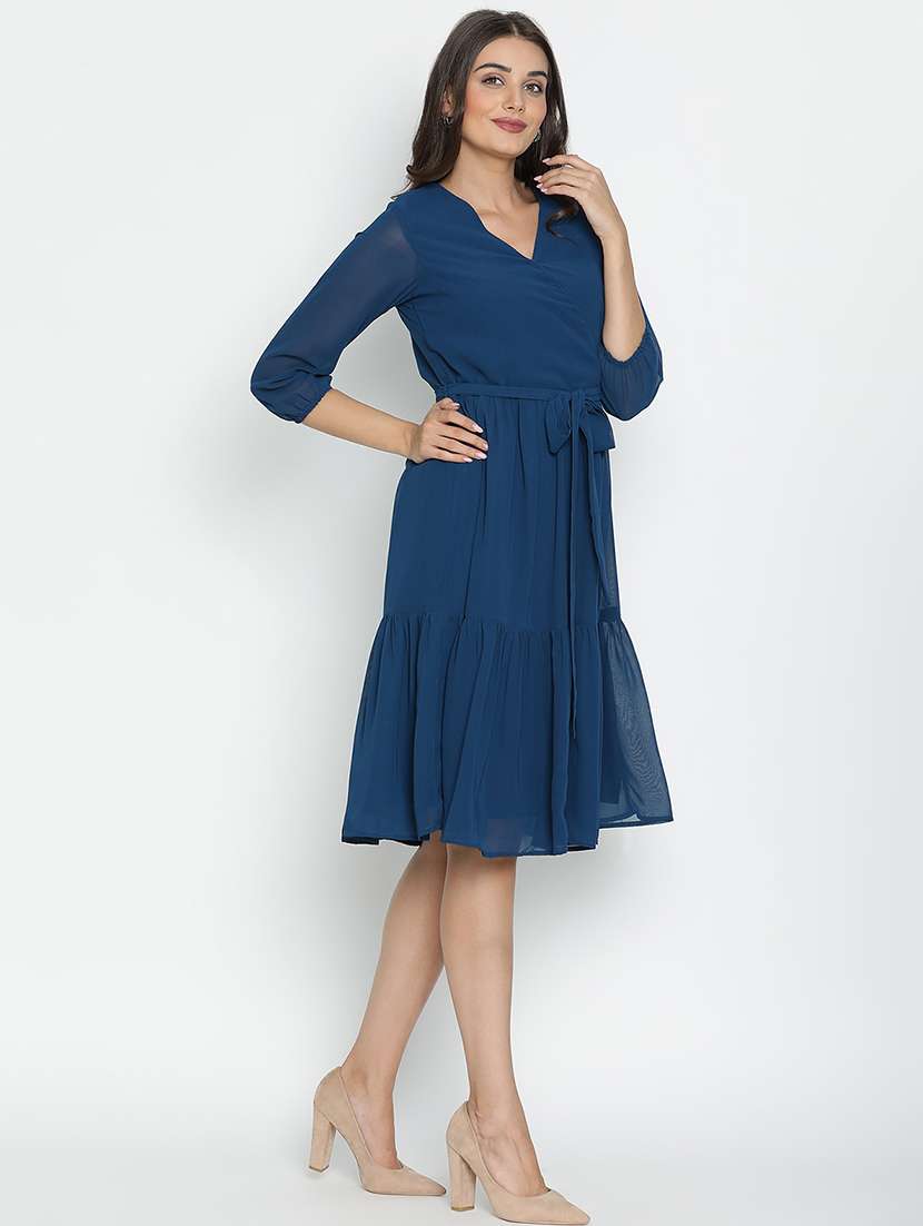 women solid overlap neck tiered dress - 21399339 -  Standard Image - 3