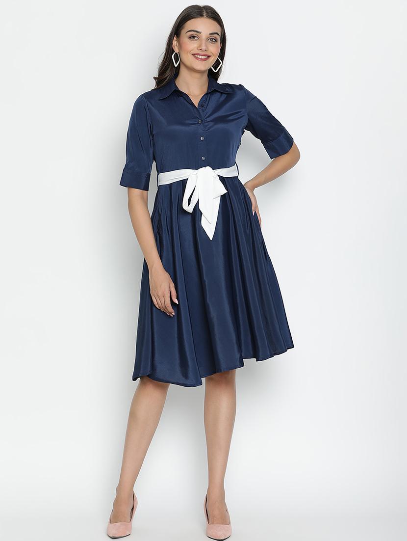 navy blue polyester fit & flare dress - 21399345 - Zoom Image - 0