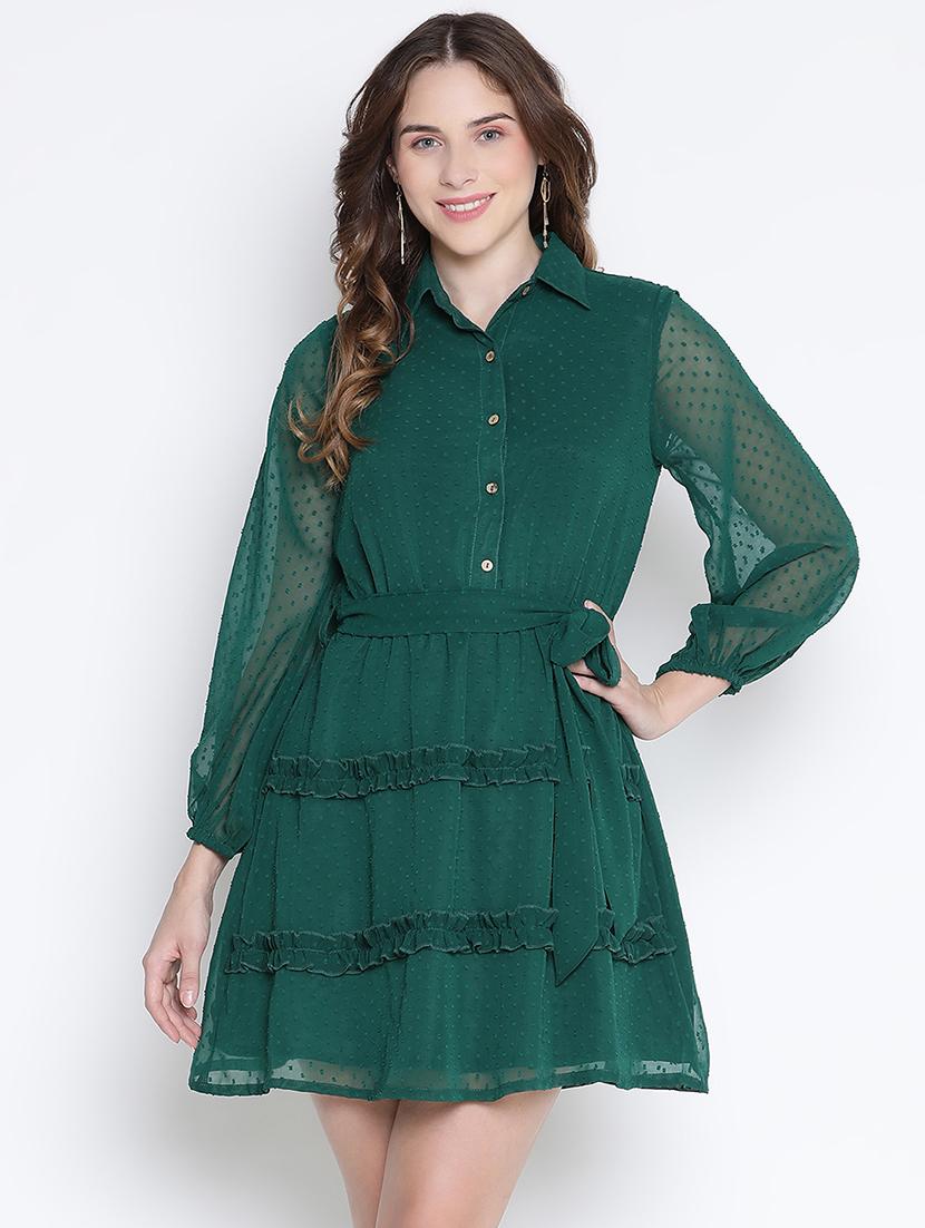 women bottle green polyester fit & flare dress - 21399364 - Zoom Image - 0