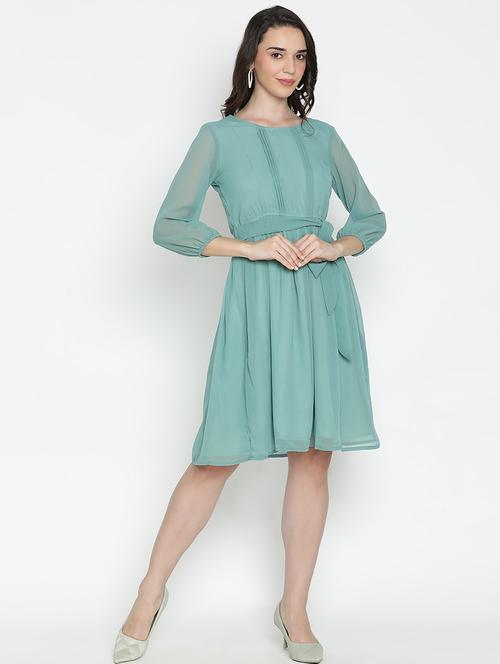 green solid fit & flare dress - 21399375 - Standard Image - 0