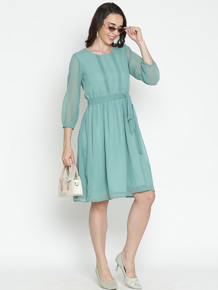 green solid fit & flare dress - 21399375 - Standard Image - 3