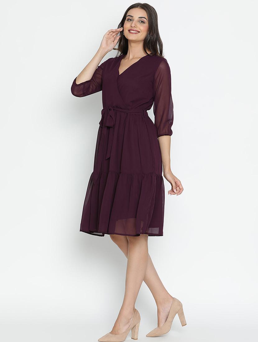 women burgundy polyester fit & flare dress - 21399384 - Standard Image - 3