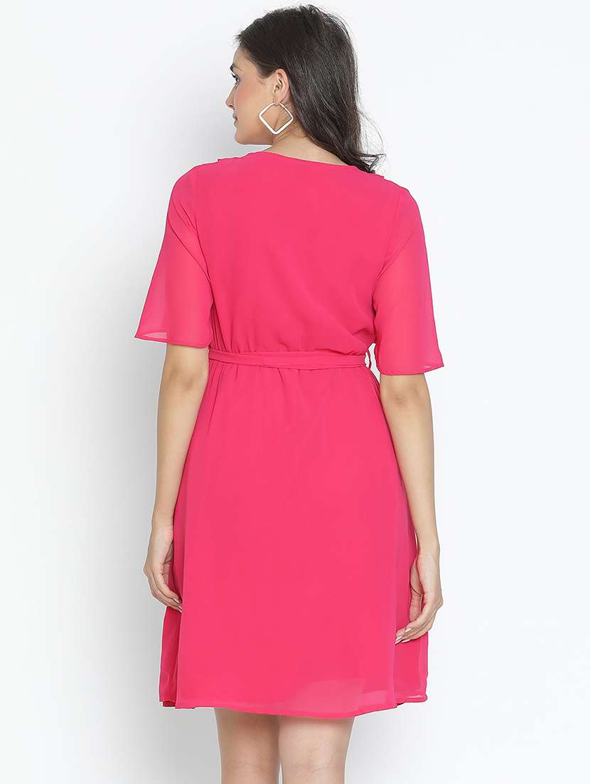 pink solid fit & flare dress - 21399412 - Standard Image - 3
