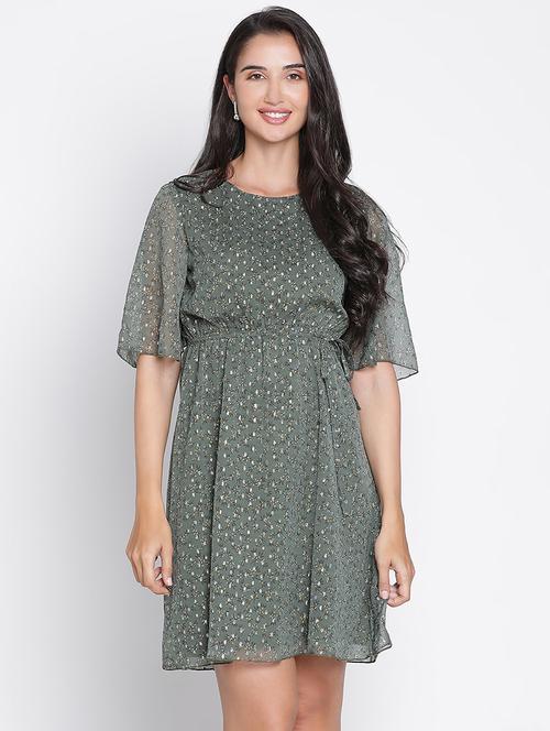 green printed fit & flare dress - 21399418 -  Standard Image - 0