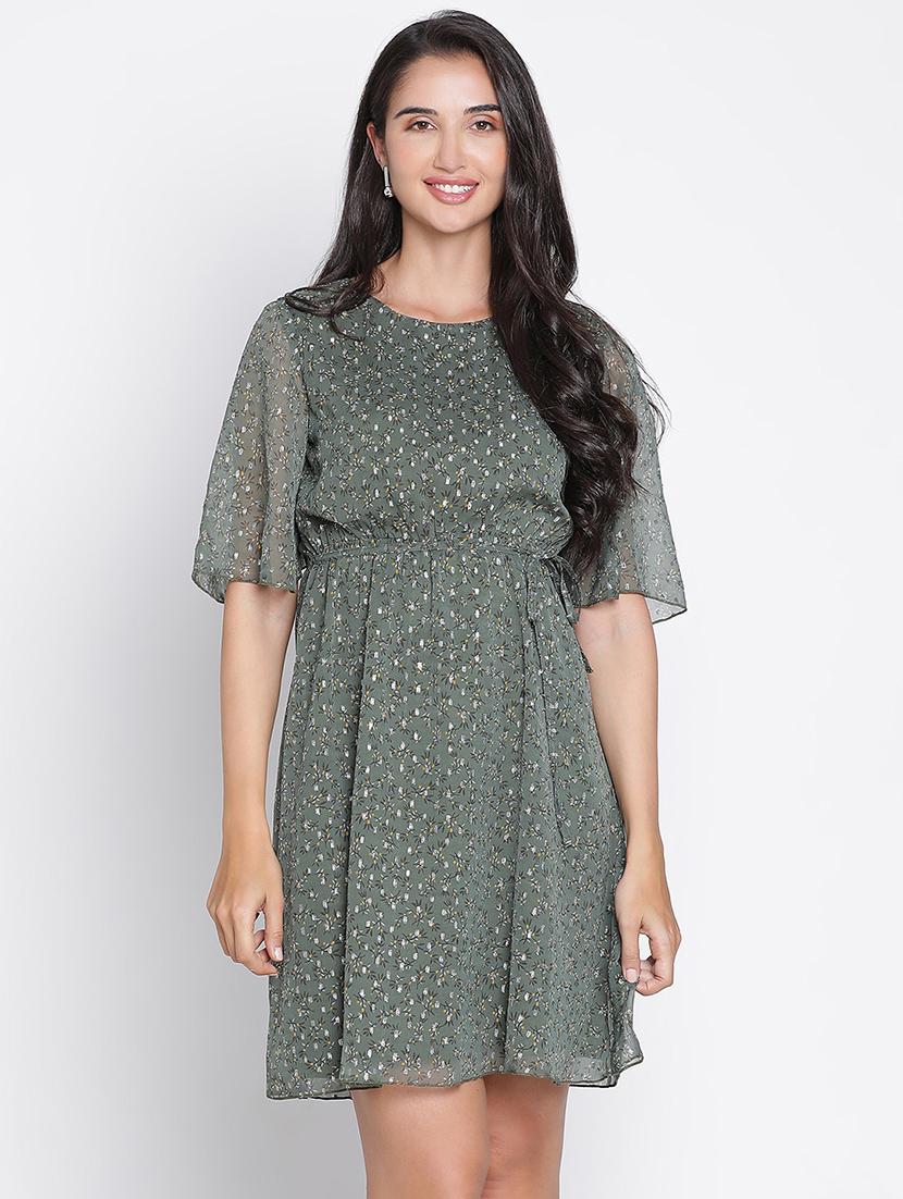 green printed fit & flare dress - 21399418 -  Zoom Image - 0