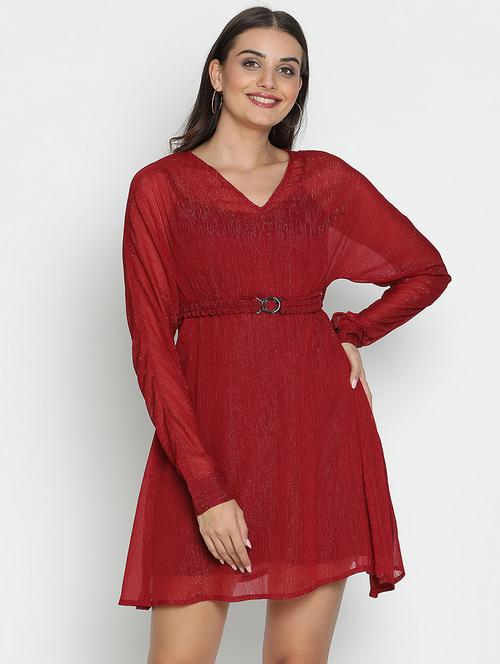 maroon solid fit & flare dress - 21399426 - Standard Image - 0