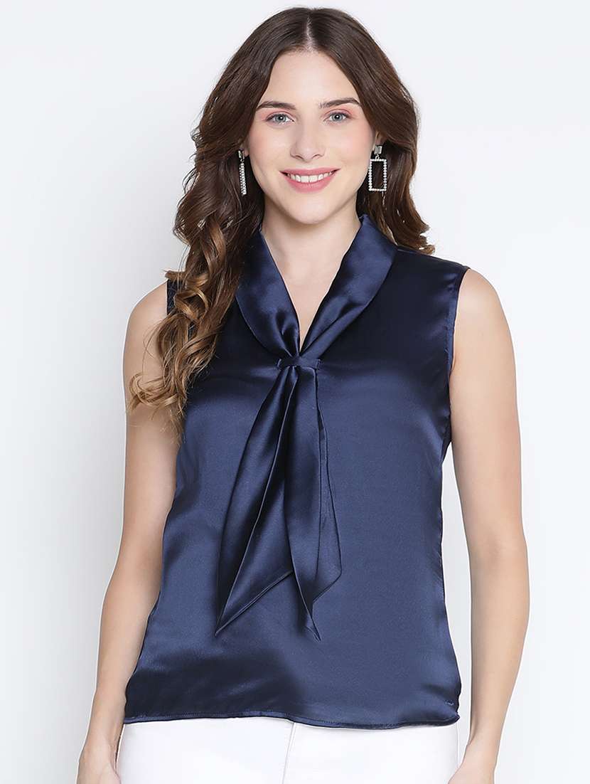 women navy blue polyester straight top
