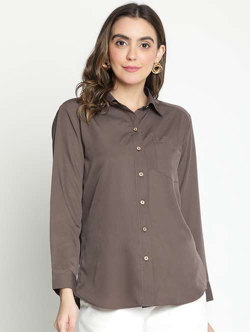 brown solid shirt top - 21399503 - Standard Image - 0