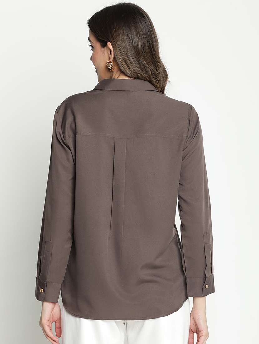 brown solid shirt top - 21399503 - Standard Image - 3