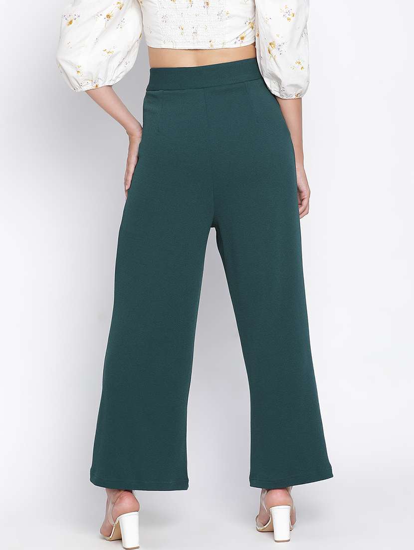 women bottle green polyester wide leg trouser - 21399554 -  Standard Image - 3