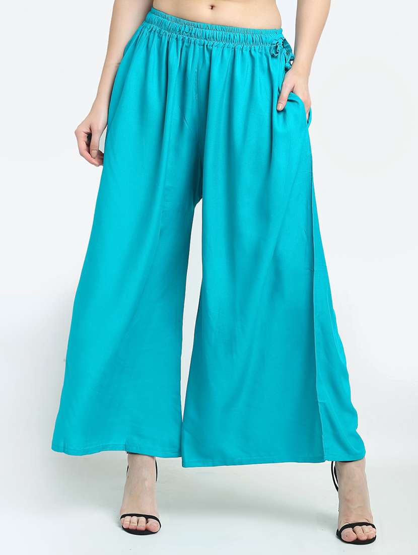 women turquoise rayon pocket palazzo
