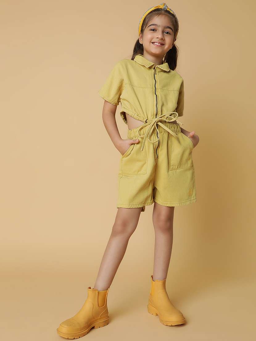 girls khaki cotton three-fourth  jumpsuit
