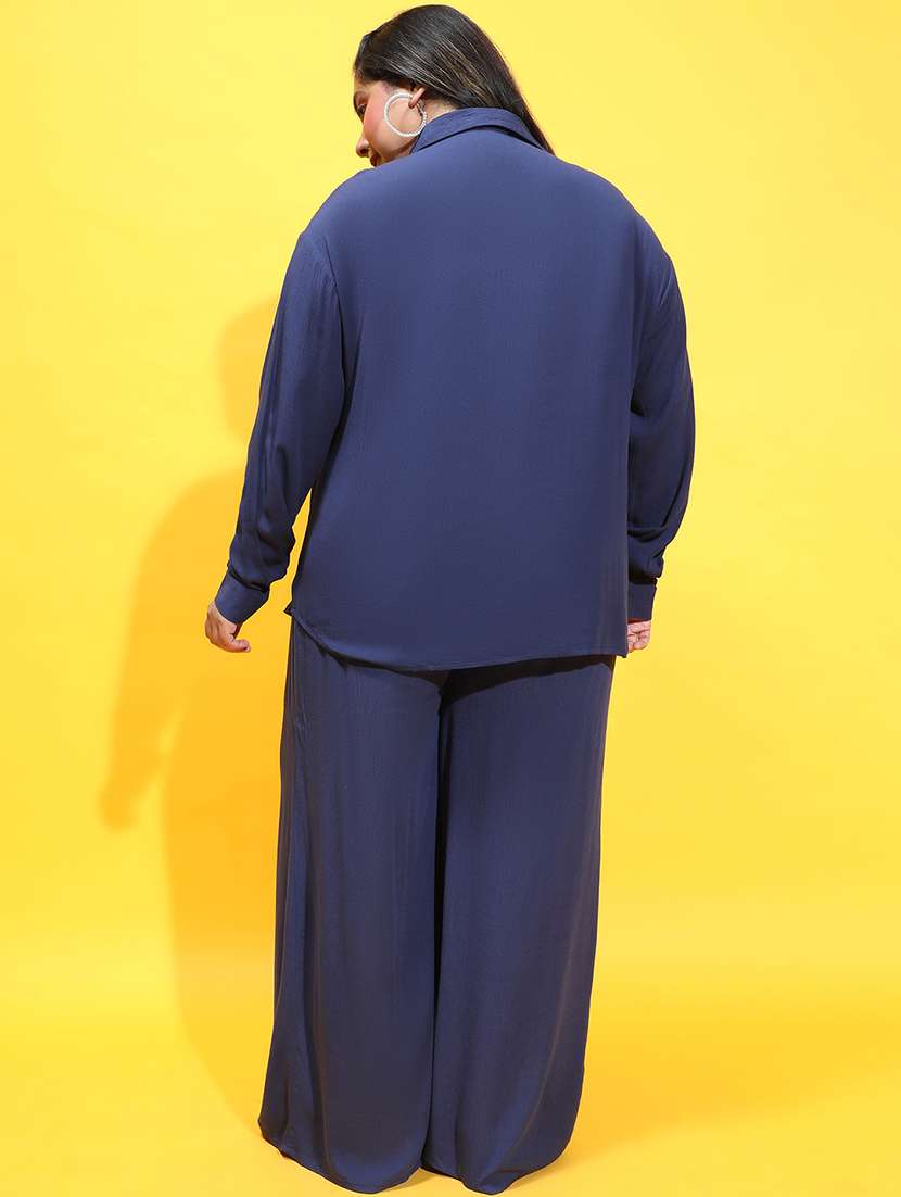 women navy blue plus size shirt and trouser co-ord set - 21399776 - Standard Image - 3
